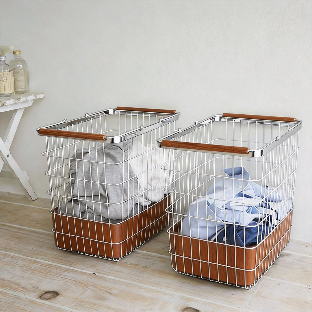 Rolling Wire Laundry Basket with Wooden Handles and Locking Casters
