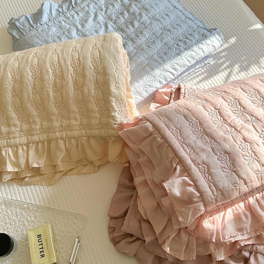Quilted Floral Embroidered Bedspread Set with Ruffle Pillow Shams