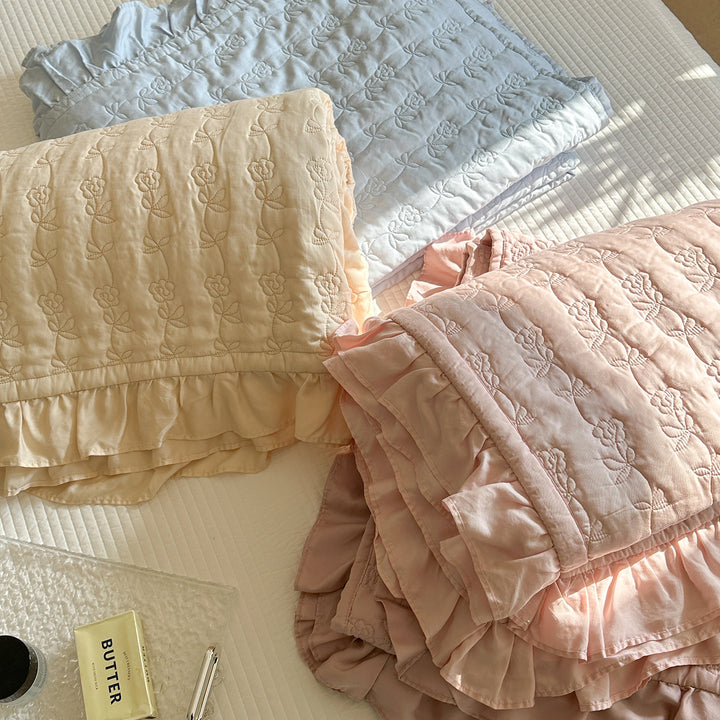 Quilted Floral Embroidered Bedspread Set with Ruffle Pillow Shams