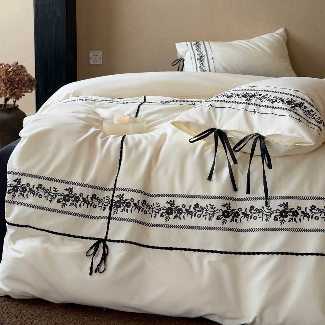 Luxury Embroidered Cotton Duvet Cover Set with Bolster and Tie Pillowcases
