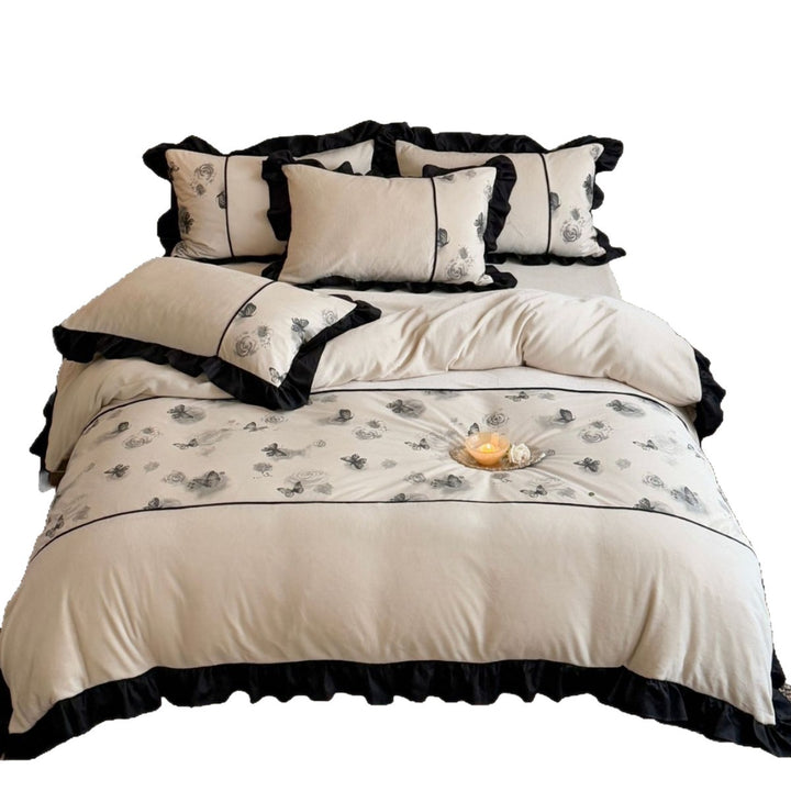 Ruffled Floral Embroidered Cotton Duvet Cover Set with Contrasting Piping