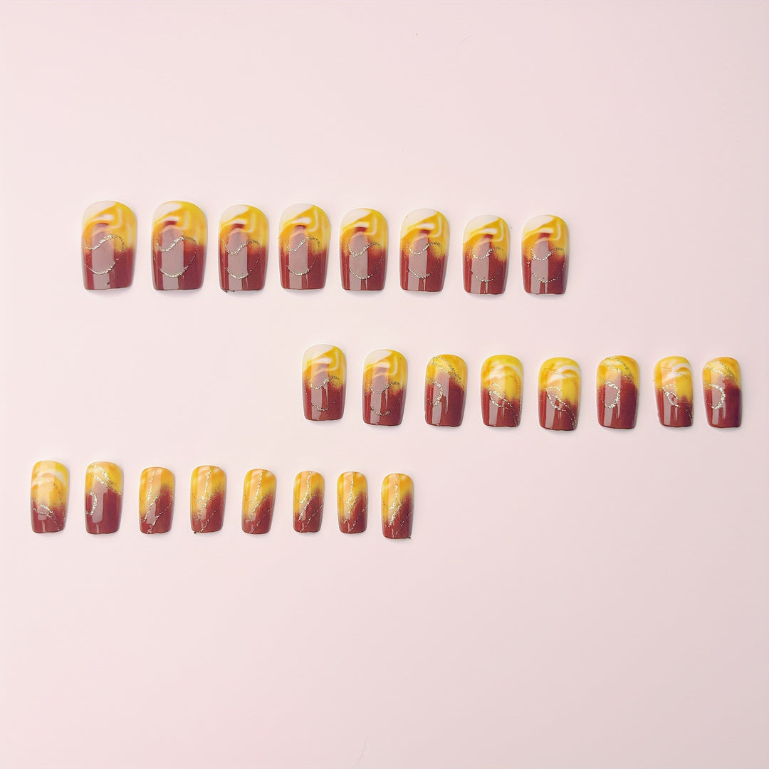 Artificial Nail Set with Marbled Design and Gold Accents Stornfield