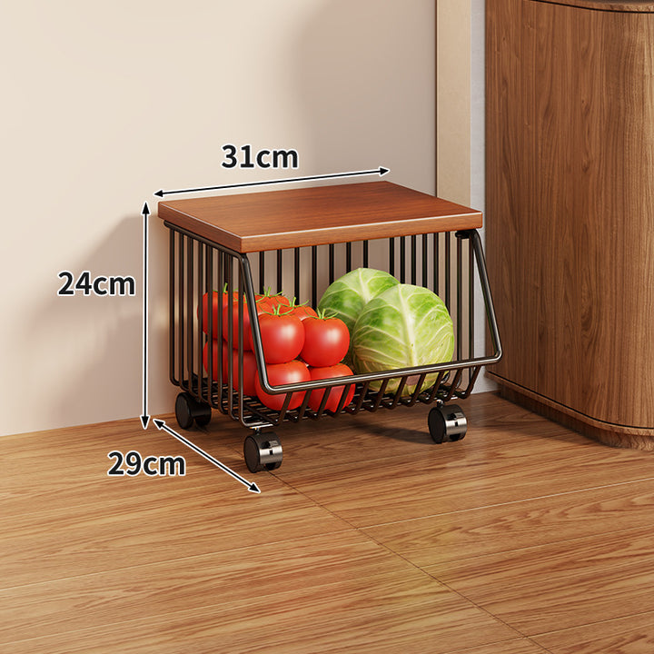 Compact Triple-Tier Rolling Wire Vegetable and Fruit Storage Cart with Wooden Top