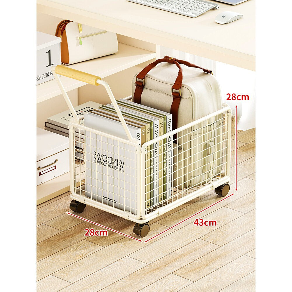 Under-Desk Rolling Wire Storage Cart with Wooden Handle