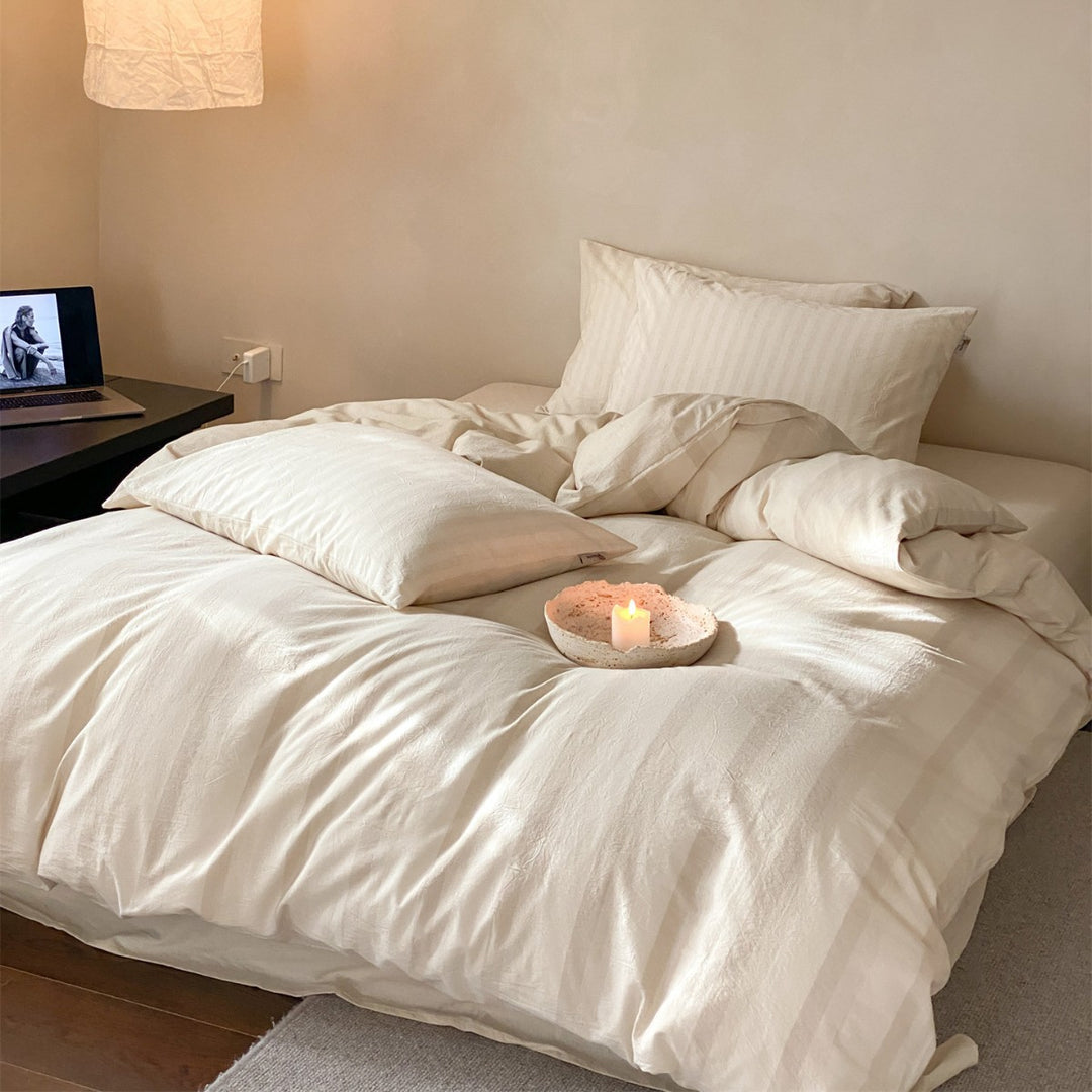 Soft-Washed Hemp-Cotton Stripe Duvet Cover Set with Hidden Button Closure