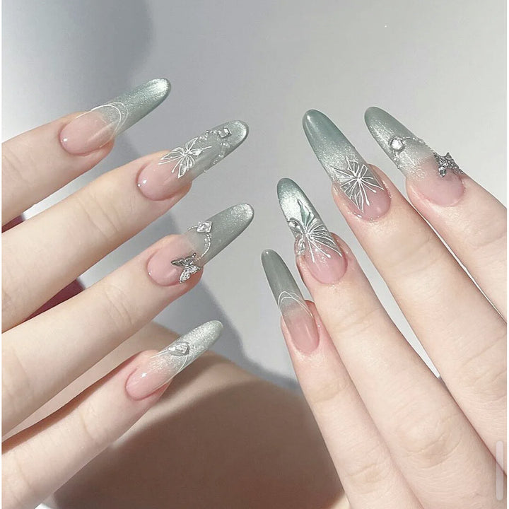 Decorative Stiletto Press-On Nail Set with Artistic Floral and Gemstone Accents Stornfield