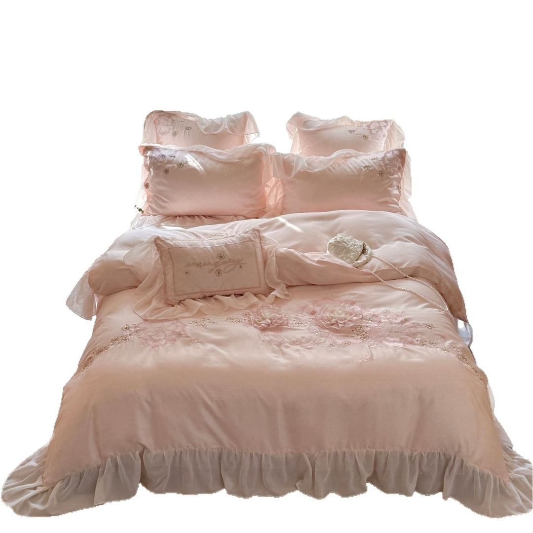 Romantic bedding set made of cotton satin with ruffle, fine 3D flower embroidery and frills