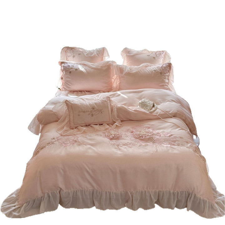 Romantic bedding set made of cotton satin with ruffle, fine 3D flower embroidery and frills
