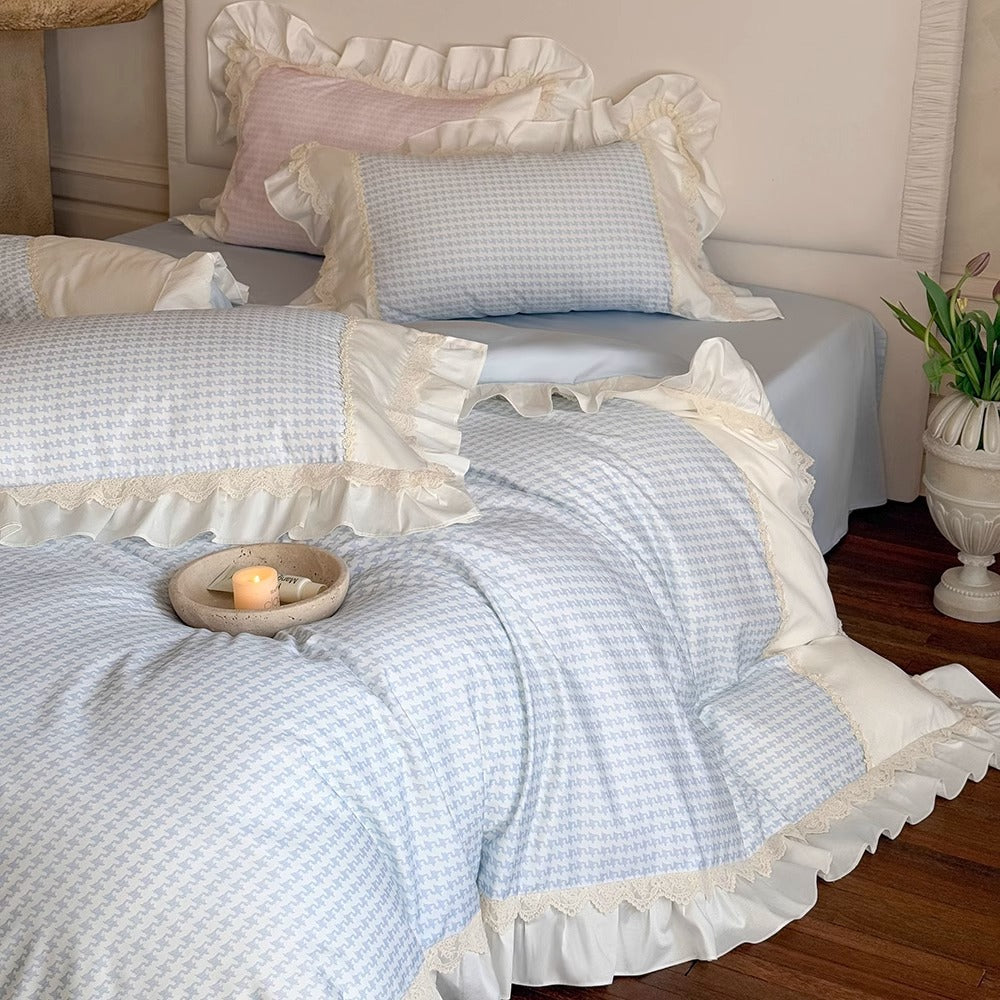 Ruffled Houndstooth Cotton-Sateen Duvet Cover Set