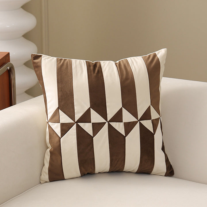 Square decorative cushion with striped velvet inlay and geometric pleated look