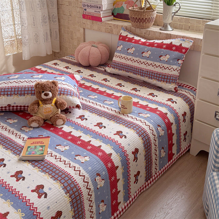 Quilted Cotton Toddler Bed Coverlet Set with Playful Dog and Flower Print and Gingham Trim