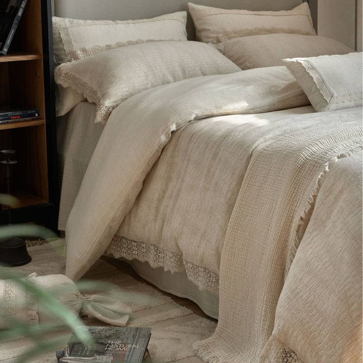 Washed Linen-Blend Gauze Duvet Cover Set with Crochet Lace Hem and Tied Bolster