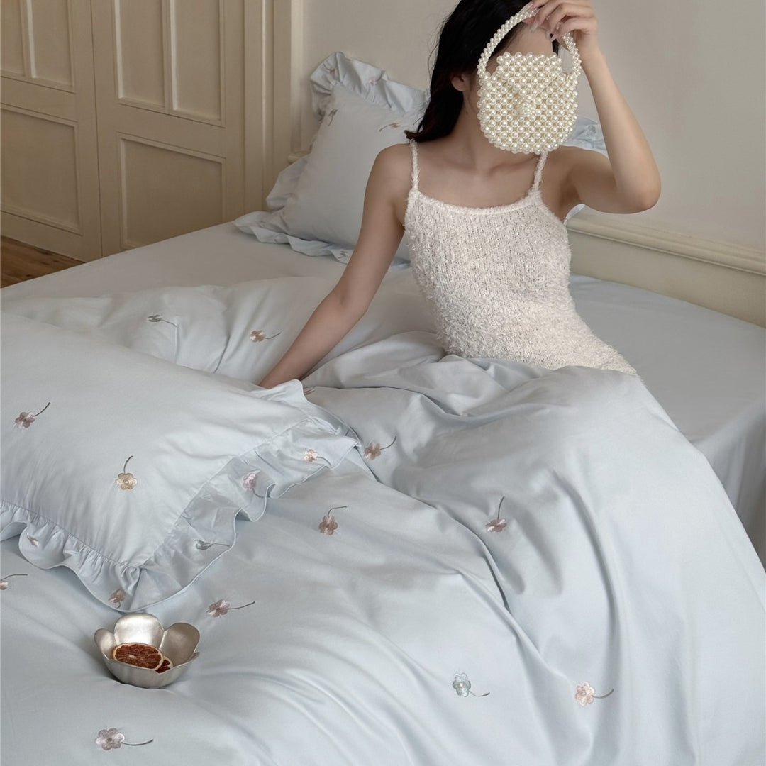 Embroidered Mini-Floral Sateen Duvet Cover Set with Frilled Pillow Shams and Accent Cushion Cover