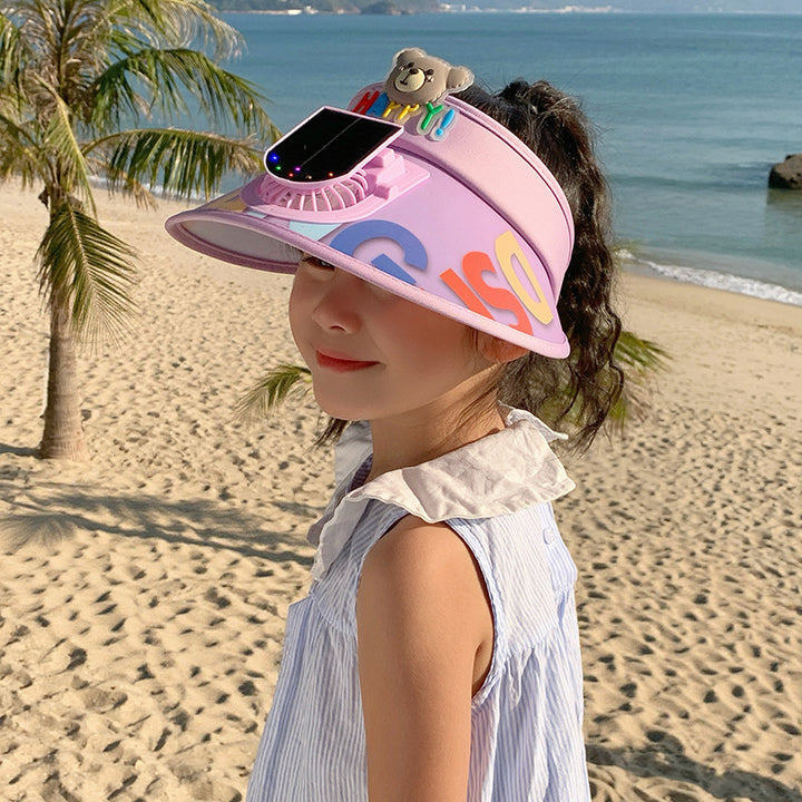 Adjustable children sun visor with integrated mini fan and extra wide brim Stornfield