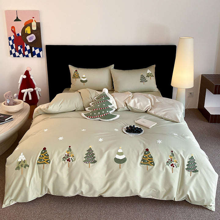 Embroidered Christmas Tree Cotton Sateen Duvet Cover Set