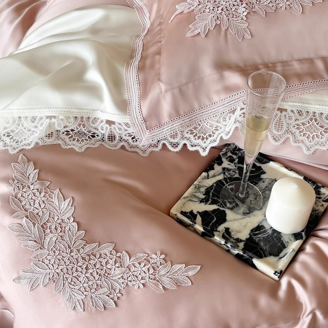 Silky Satin Duvet Ensemble with Floral Appliqué Embroidery, Scalloped Lace Border & Hidden Closure