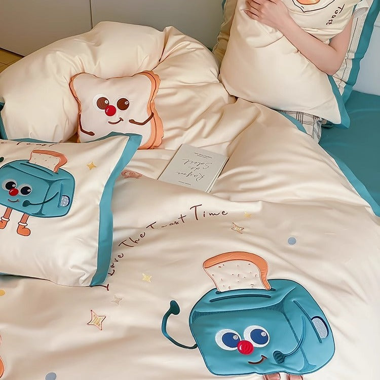 Children's Cartoon Toaster-Themed Cotton Sateen Duvet Cover Bedding Set