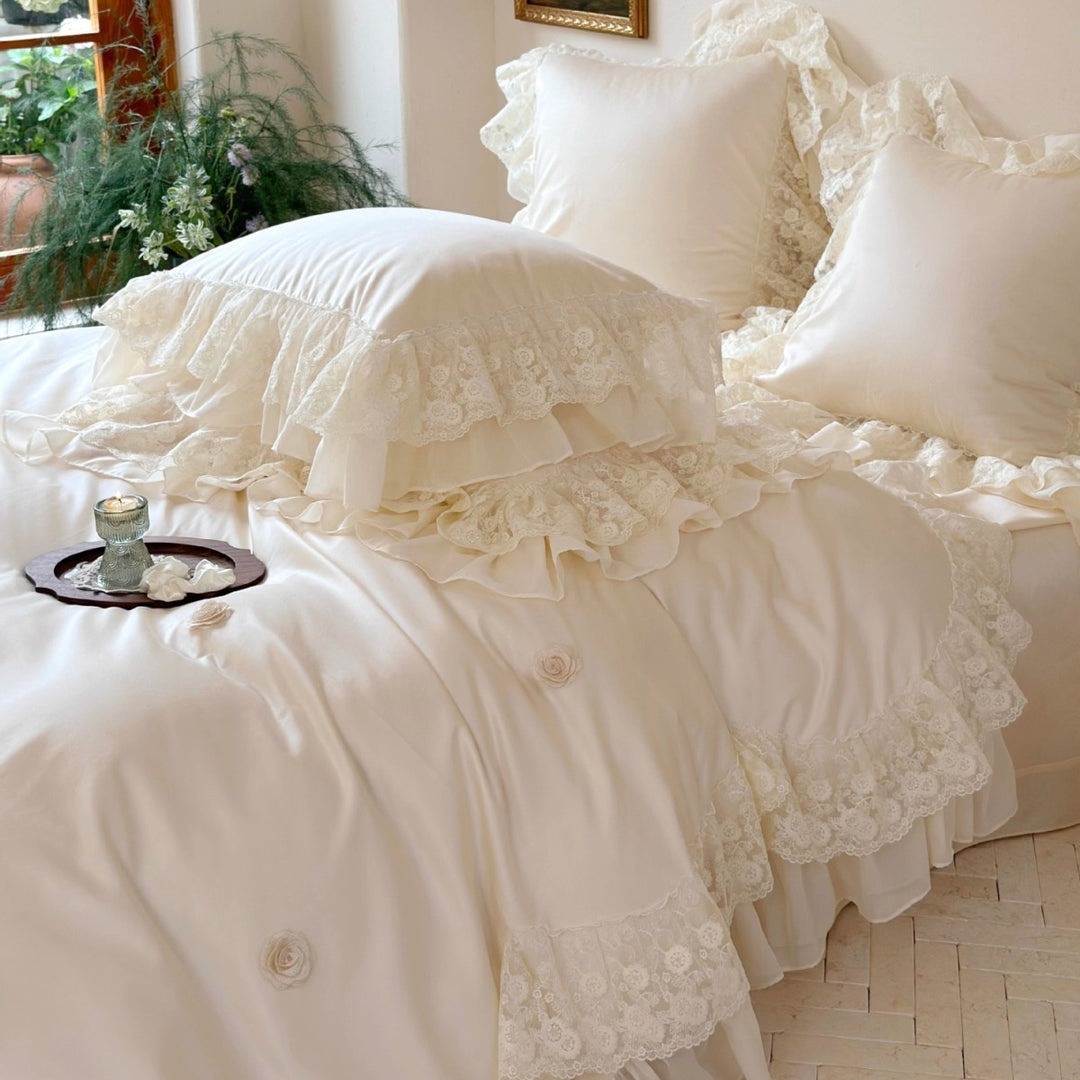 Victorian-Inspired Ruffled Lace Duvet Cover and Sham Set