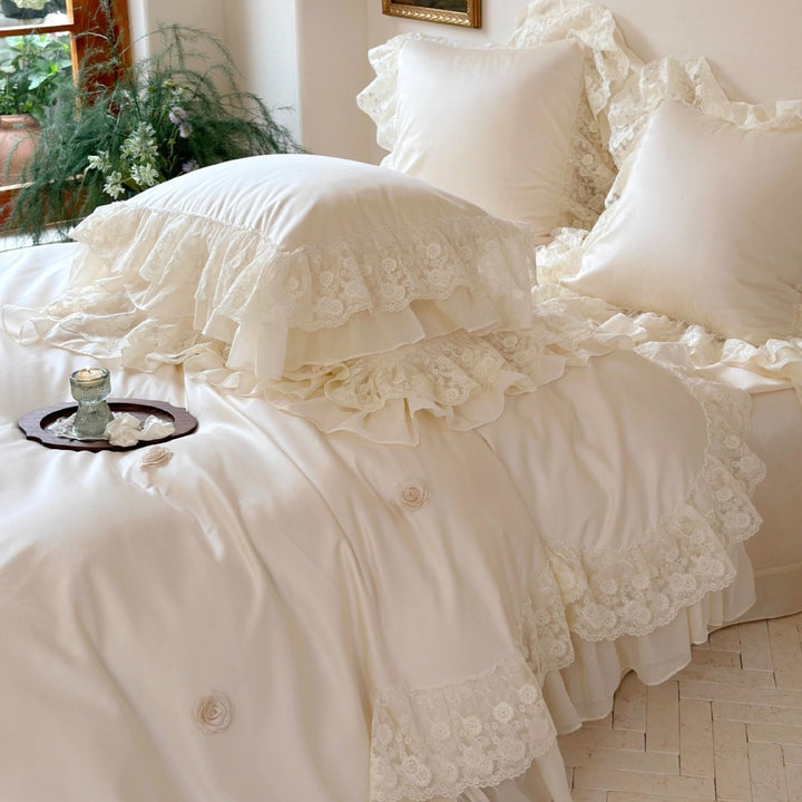 Victorian-Inspired Ruffled Lace Duvet Cover and Sham Set