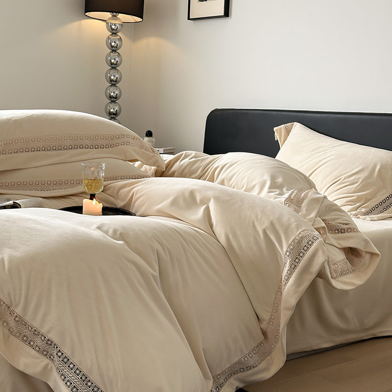 Luxury Brushed Velvet Duvet Cover Set with Lace-Inset Border