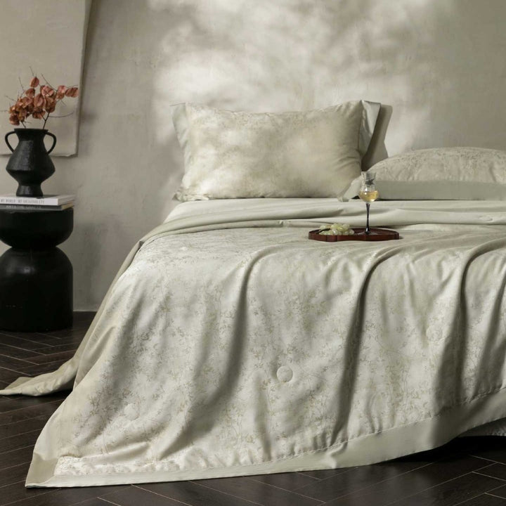 Premium cotton satin bedding set with fine toile pattern and hem decoration