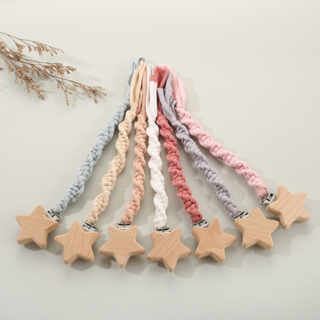 Wooden Star Pacifier Clip with Braided Cotton Strap
