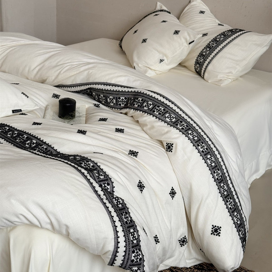 Hand-Embroidered Bohemian Cotton-Linen Duvet Cover Set with Decorative Border and Envelope Shams
