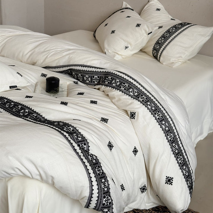 Hand-Embroidered Bohemian Cotton-Linen Duvet Cover Set with Decorative Border and Envelope Shams
