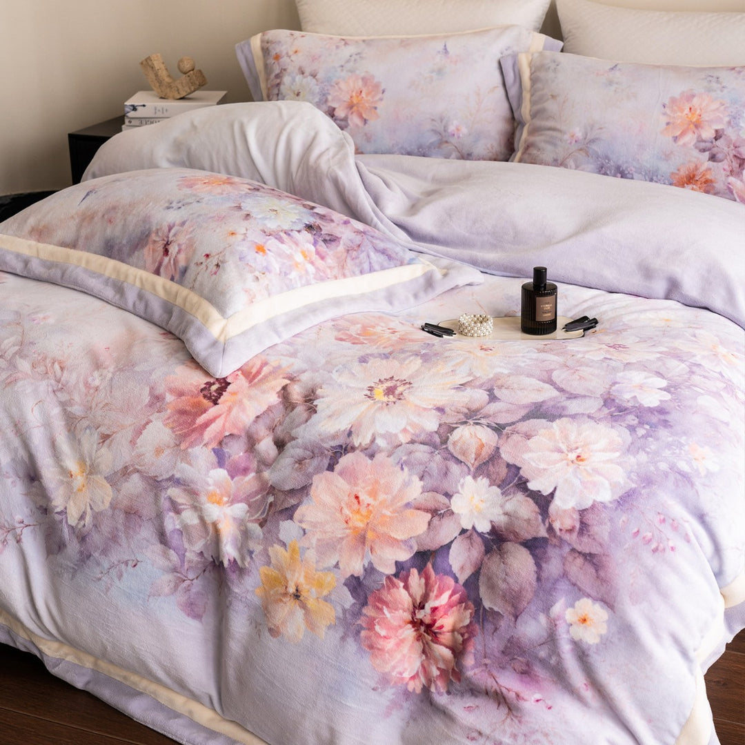 Floral Watercolor Plush Microfiber Duvet Cover Set with Reversible Back and Pillow Shams