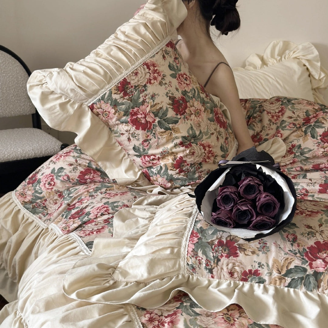 Romantic cotton satin bedding set with floral print, ruffle and decorative pillows