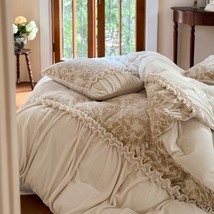 Ruched Gathered Cotton Sateen Duvet Cover Set with Floral Jacquard Quilted Shams and Ruffled Edge