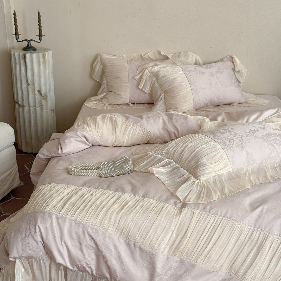 Ruffled Satin-Trim Jacquard Duvet Cover Set