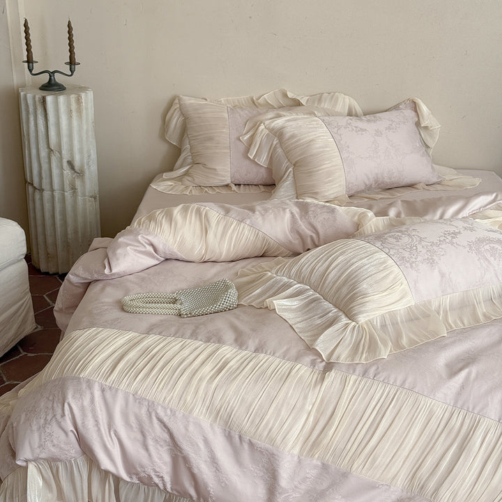 Ruffled Satin-Trim Jacquard Duvet Cover Set