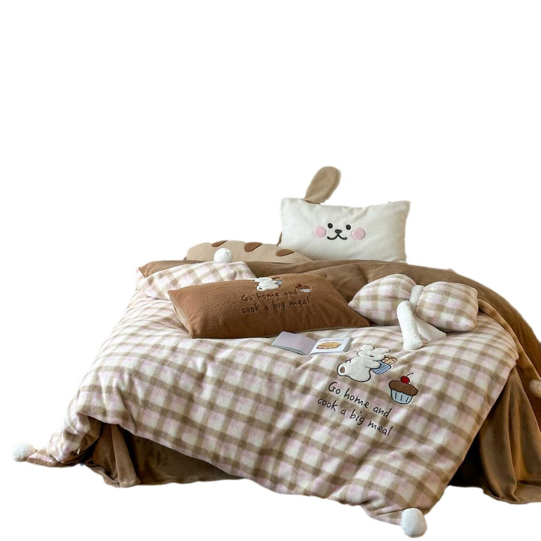 Plaid Plush Reversible Bedspread Set with Teddy Appliqué & Pom-Pom Corners