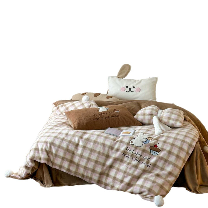 Plaid Plush Reversible Bedspread Set with Teddy Appliqué & Pom-Pom Corners