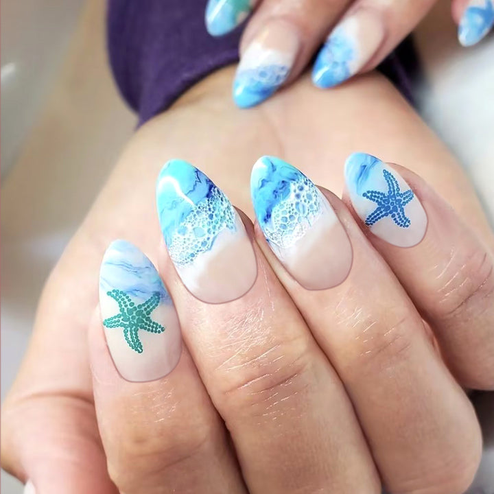 Artistic Press-On Nail Set with Ocean-Inspired Design Stornfield