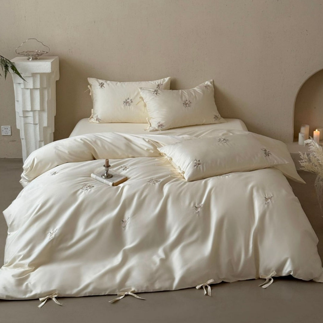 Luxurious Satin-Feel Embroidered Duvet Cover Set with Decorative Corner Ties
