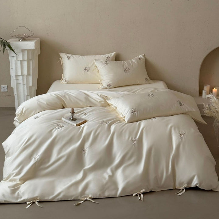 Luxurious Satin-Feel Embroidered Duvet Cover Set with Decorative Corner Ties