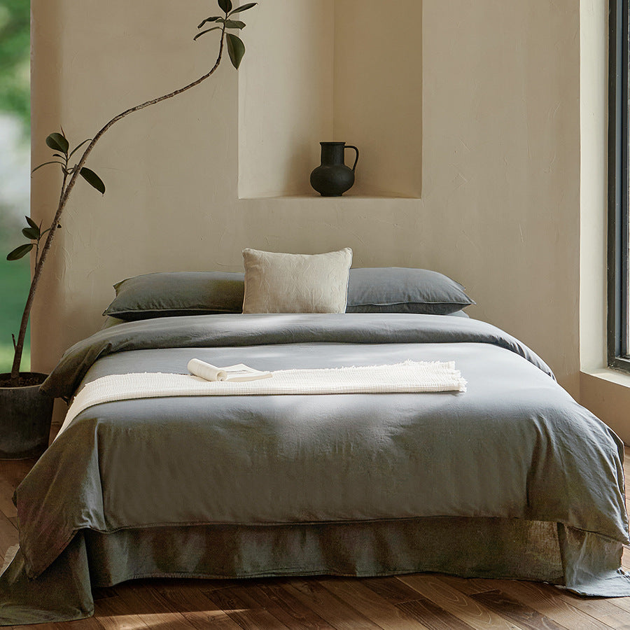 Washed Linen-Blend Duvet Cover Set with Embroidered Accent Cushion & Deep-Pocket Fitted Sheet