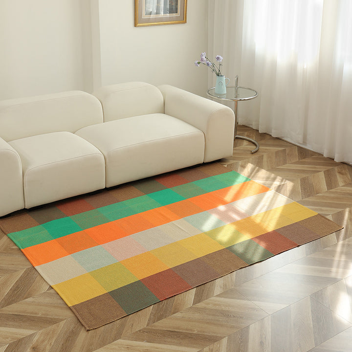 Flat-woven striped living room rug with low pile and non-slip backing
