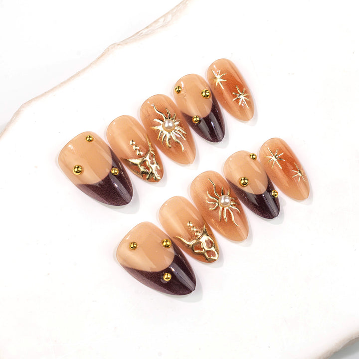 Artistic Stiletto Press-On Nail Art Set with Gold Accents Stornfield