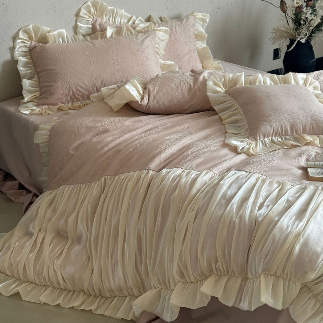 Luxurious Ruffled Satin Bedding Set with Pleated Coverlet
