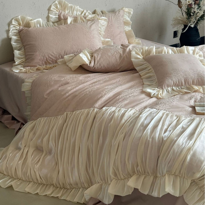 Luxurious Ruffled Satin Bedding Set with Pleated Coverlet