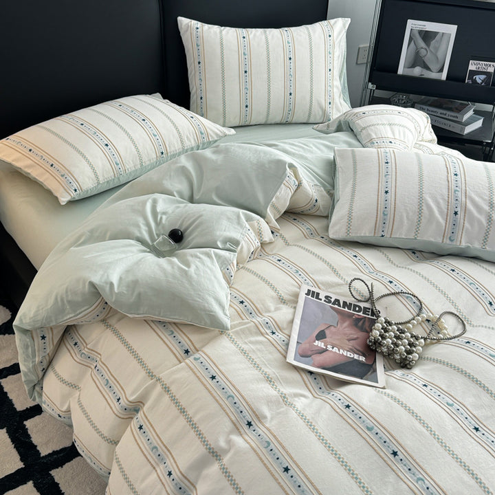 Striped cotton bedding set with washed finish, breathable percale & reversible function