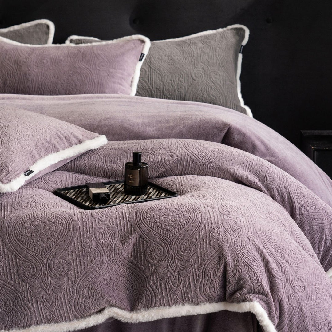 Quilted Embossed Paisley Duvet Cover Set with Reversible Plush Backing