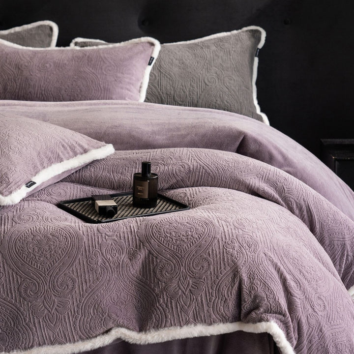 Quilted Embossed Paisley Duvet Cover Set with Reversible Plush Backing
