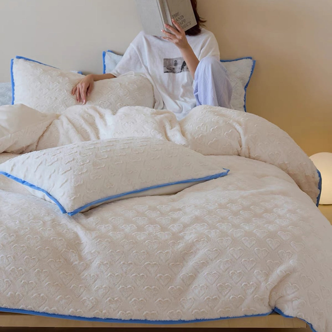 Plush Heart-Texture Reversible Duvet Cover & Piped Edge Pillow Shams