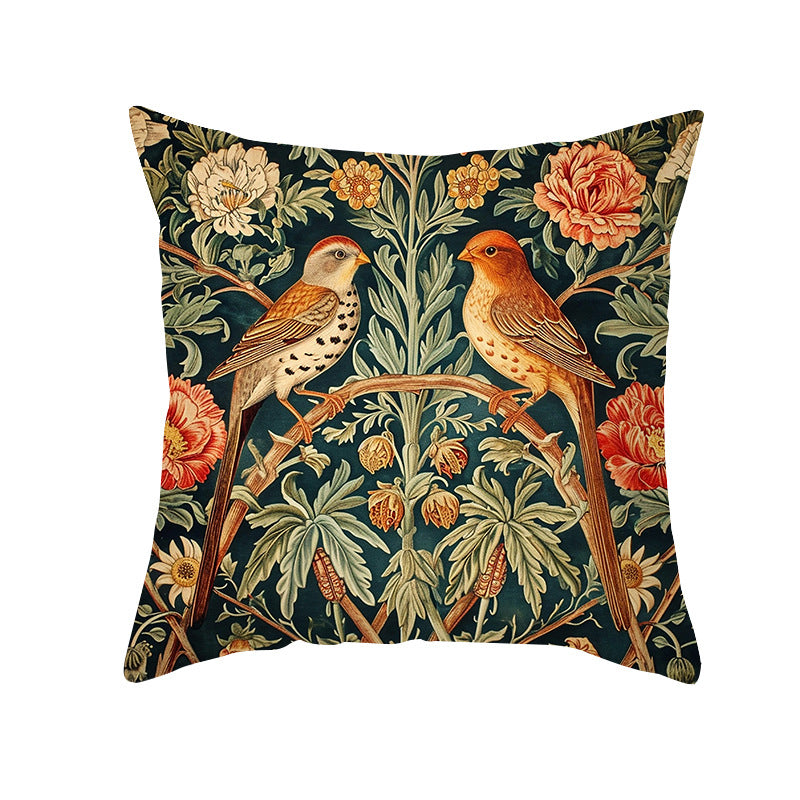 Vintage Botanical Tapestry-Style Cotton-Linen Square Throw Pillow Cover
