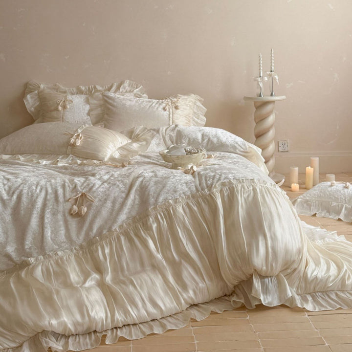Romantic Ruffled Satin-Trimmed Duvet Cover Bedding Set with Bow Accents