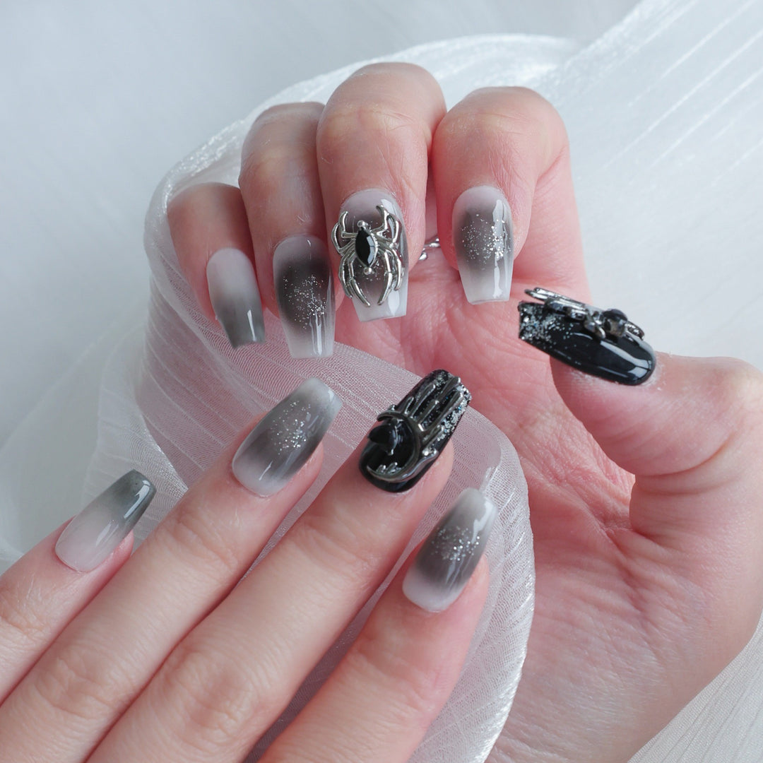 Gothic Nail Art Press-On Nails with Spider and Glitter Accents